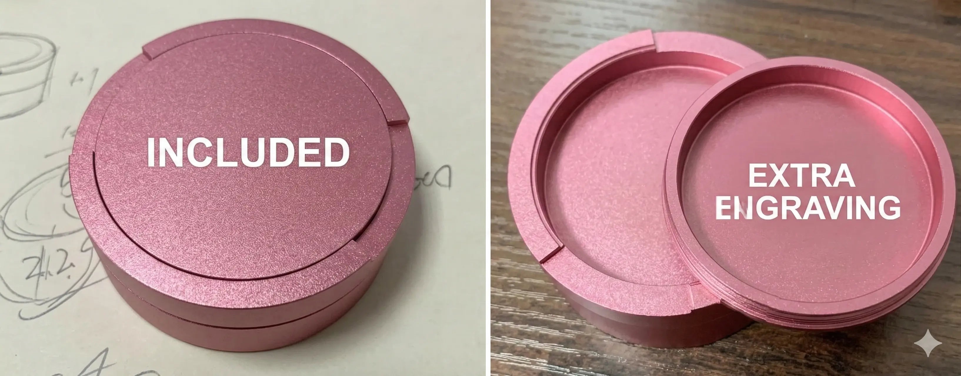 Pouchy Slim pink — showing custom engraving on lid and inside lid of snus pot
