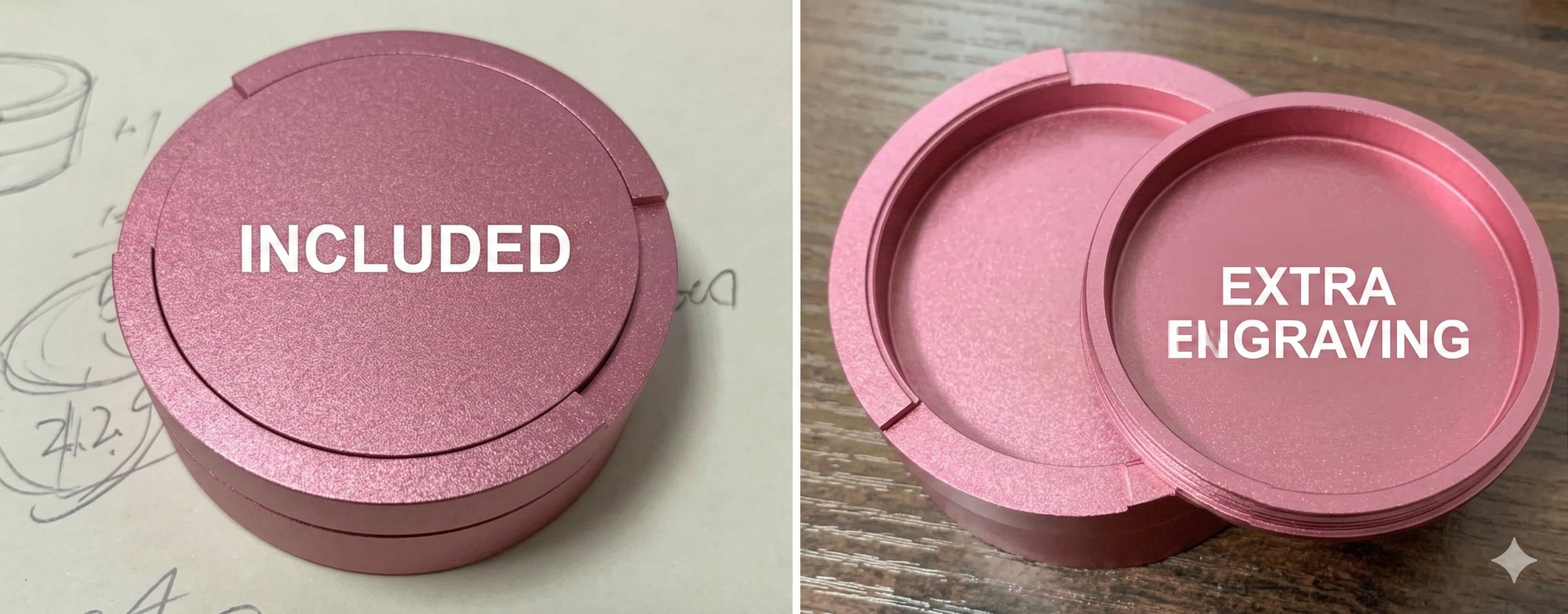 Original Pouchy pink — showing laser engraving areas on lid and inner lid
