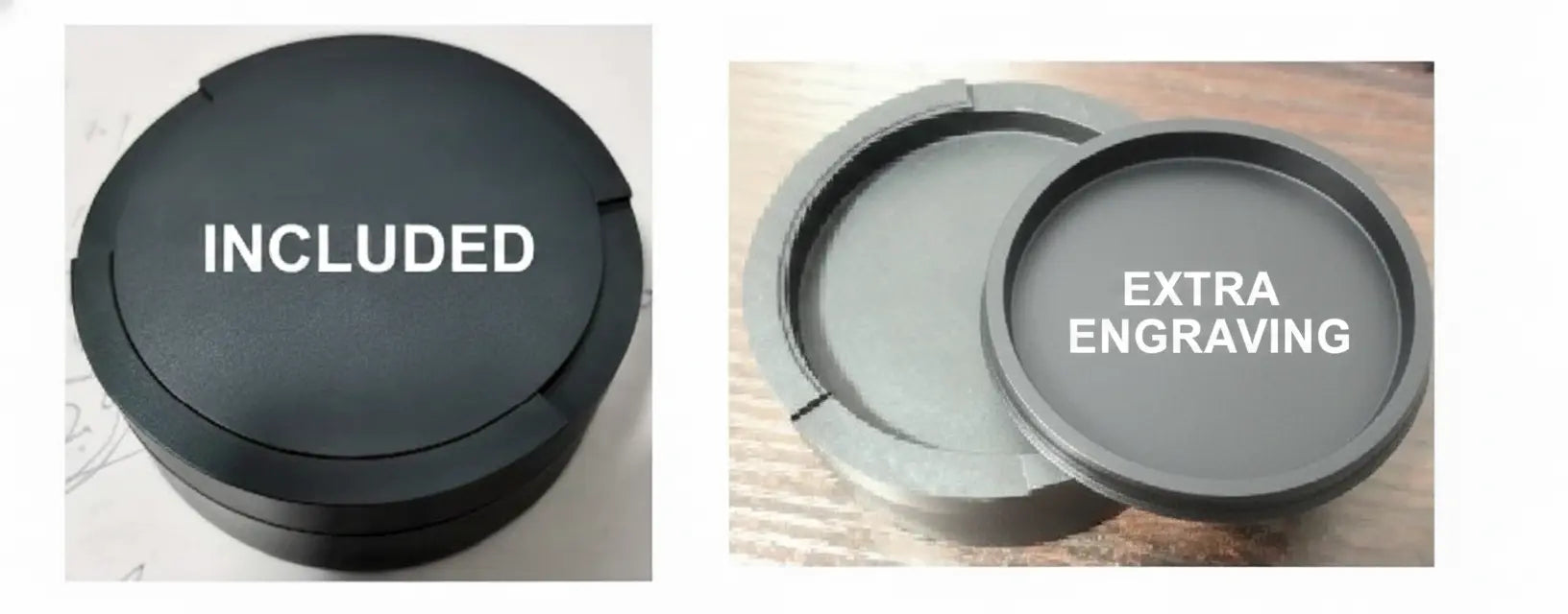 Pouchy Slim grey — custom engraving placement on lid and underside of lid