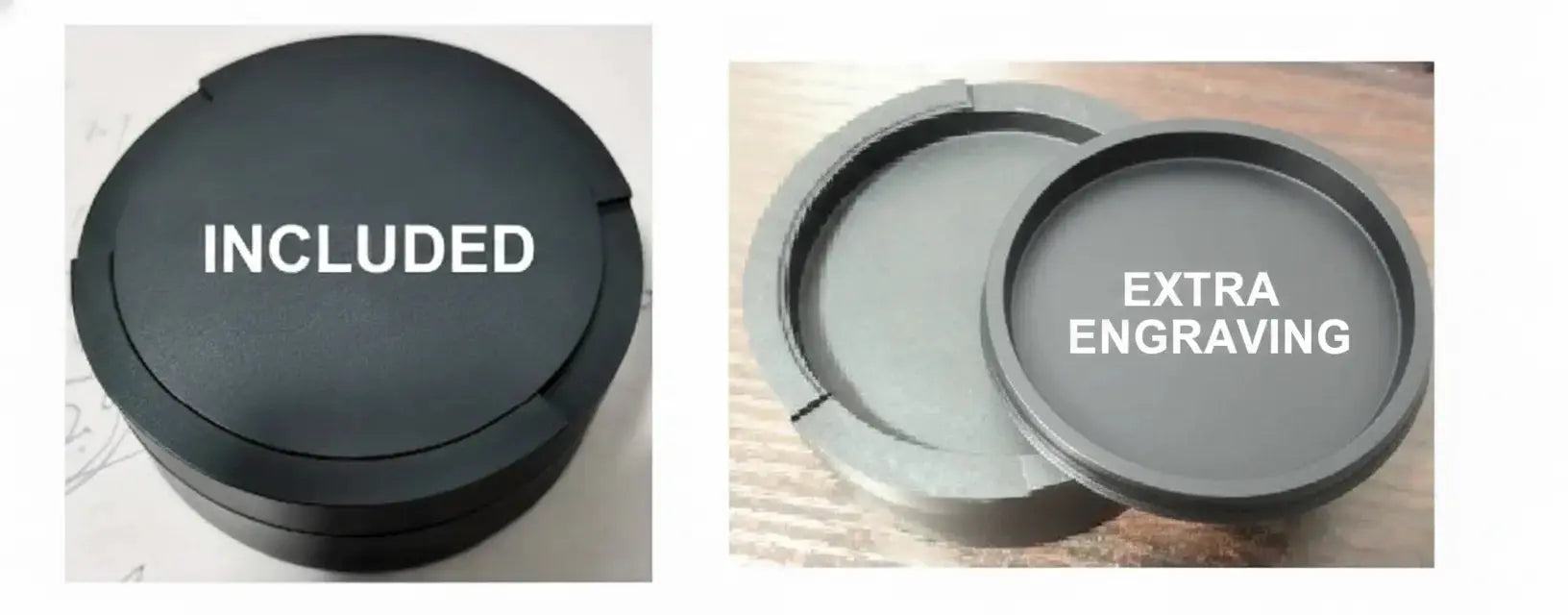 Pouchy Slim grey — custom engraving placement on lid and underside of lid
