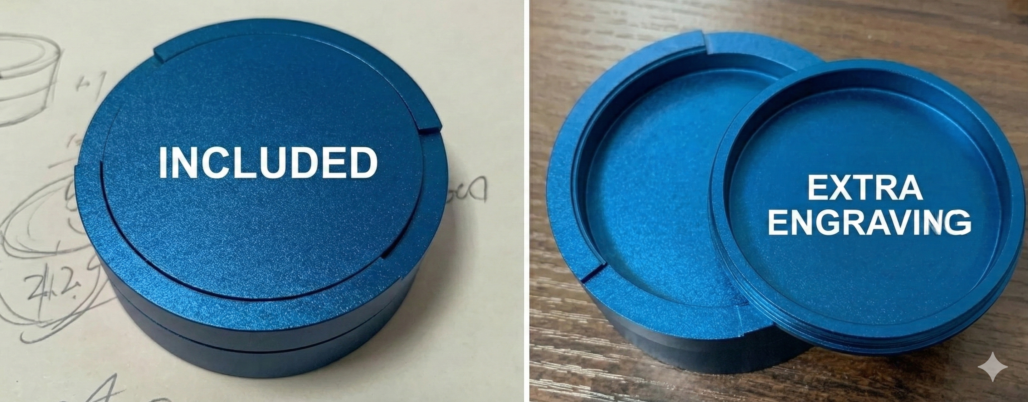 Original Pouchy navy blue — laser engraving shown on lid and underneath
