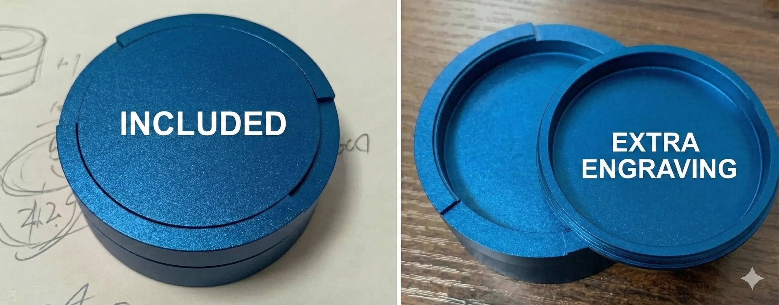 Pouchy Slim navy blue — where laser engraving appears on lid top and underneath