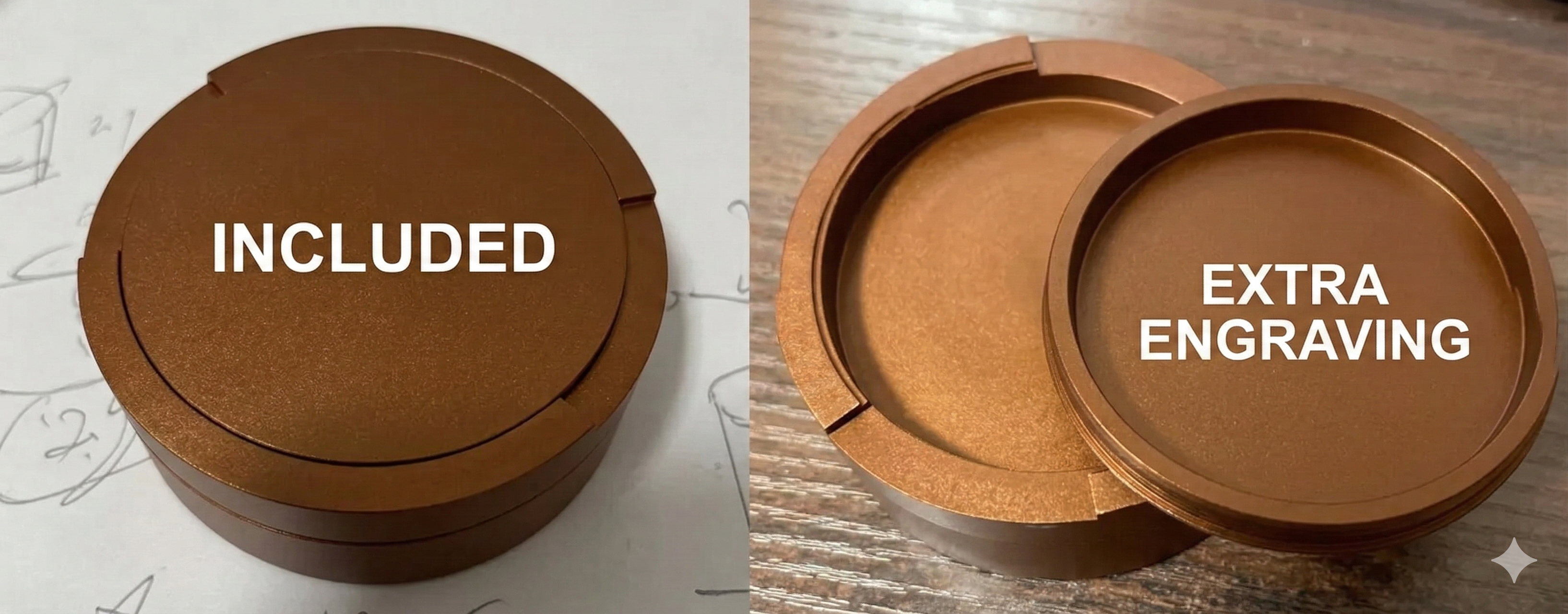 Original Pouchy bronze — custom engraving demonstration, lid and underside shown
