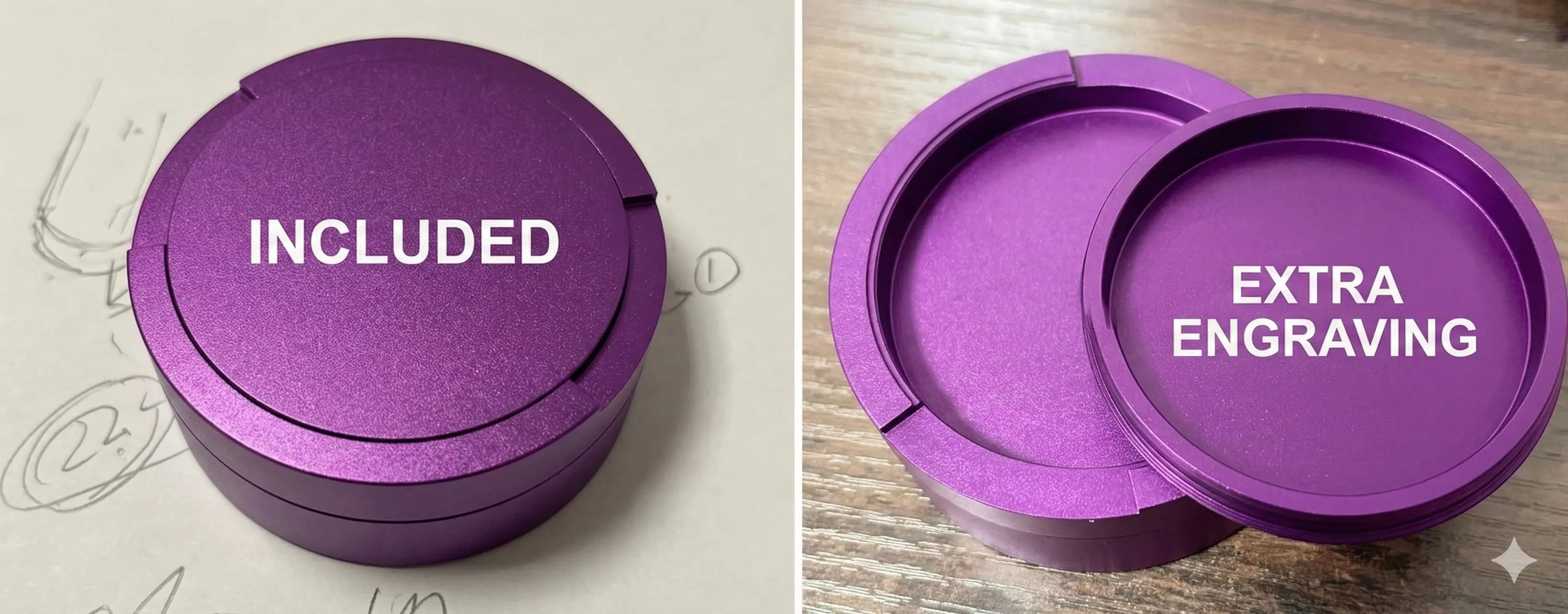 Pouchy Slim purple — engraving areas marked on lid exterior and inner surface