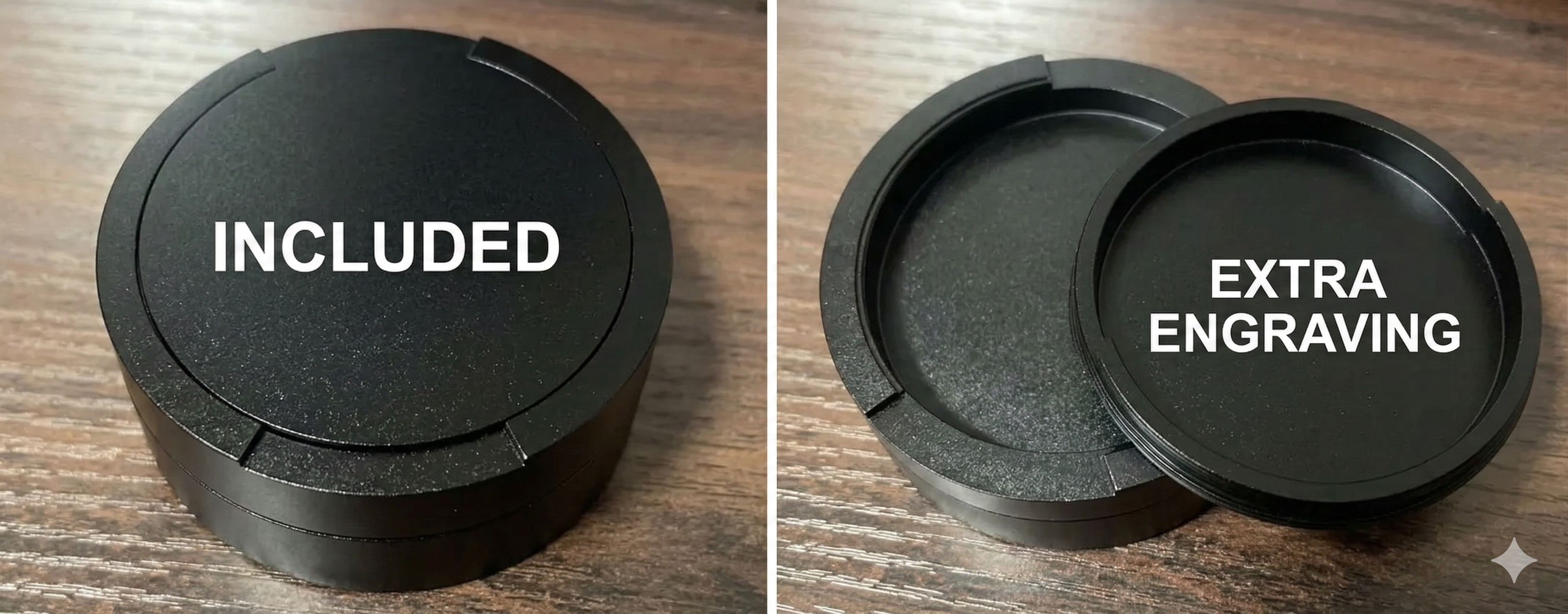 Original Pouchy black — laser engraving areas shown on lid and underside of lid
