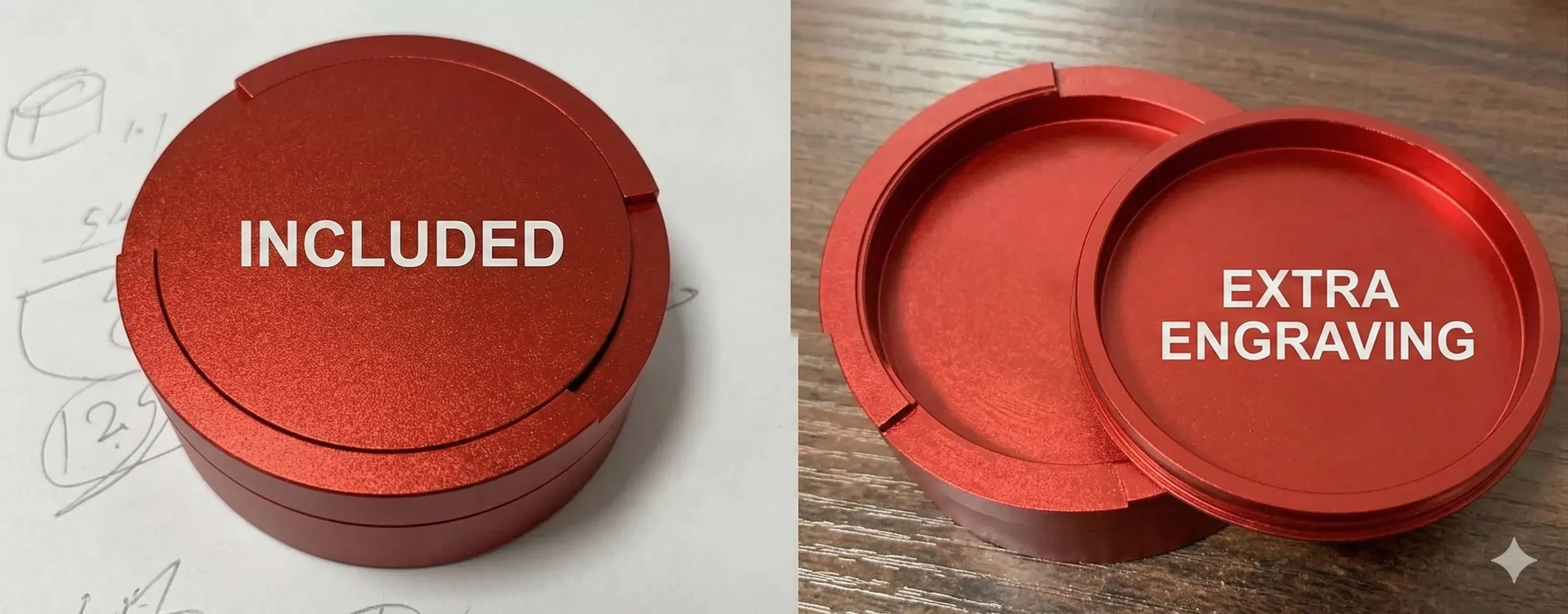 Pouchy Slim red — engraving demonstration showing lid exterior and inner lid