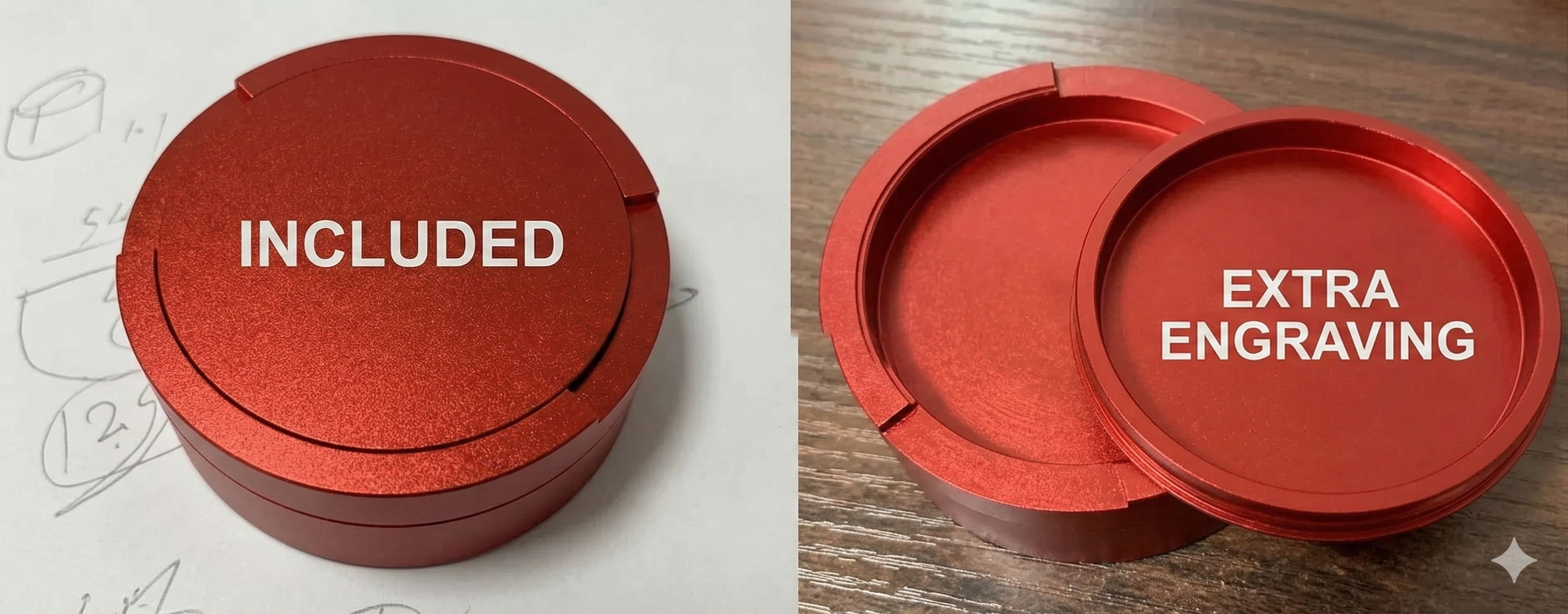 Original Pouchy red — engraving demonstration, lid top and inner lid surface

